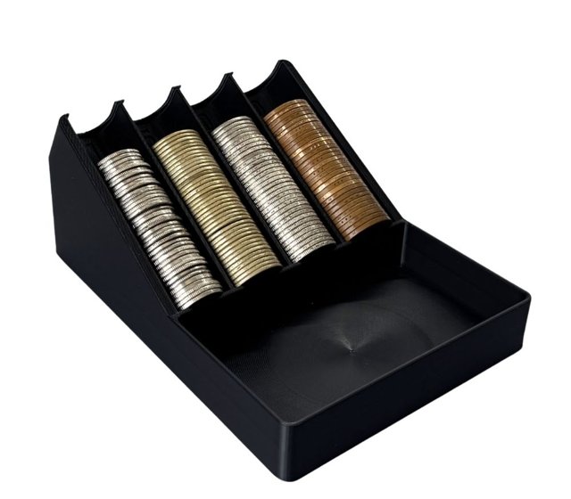 Black coin sorter holding stacks of peso coins