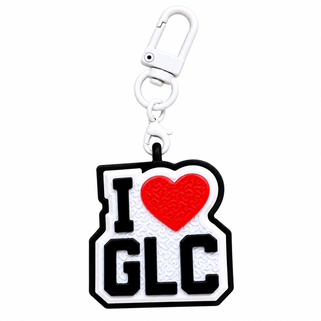 I love GLC clicker keychain in black and white with a red heart, on a white clasp
